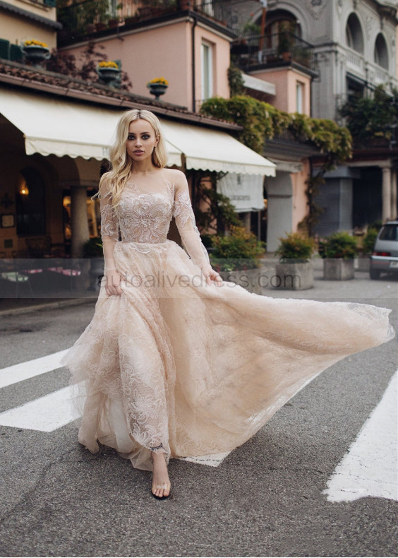 Long Sleeves Blush Lace Tulle Wedding Dress